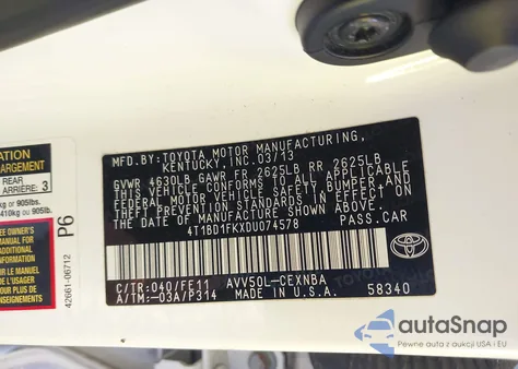 2013 Toyota Camry Hybrid Le из США, поврежденный, VIN 4T1BD1FKXDU074578